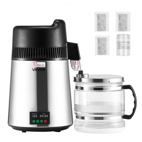 

VEVOR Distillateur d'Eau 6 L, Purificateur d'Eau de Comptoir, 900 W, Rendement 1,3 L/h, en Acier Inoxydable, avec Carafe en Verre et Accessoires, Distillation Efficace, pour Maison Bureau, Argent
