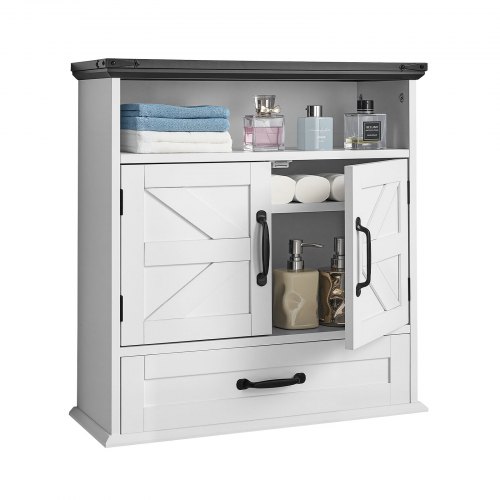 

VEVOR Armoire Murale de Salle de Bain, 2 Portes et Étagère Réglable, Armoire à Pharmacie Au-Dessus des Toilettes, Organisateur Suspendu avec Tiroir et Cloison Ouverte pour Buanderie, Cuisine, Blanc
