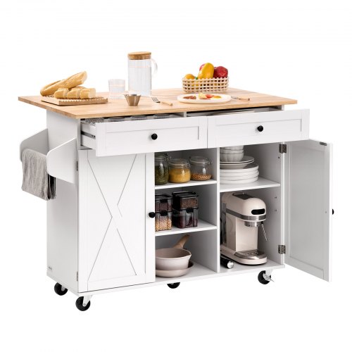 

VEVOR Desserte de Cuisine sur Roulettes 132 cm de Large, Îlot Central Mobile avec Plateau en Bois Massif, Armoire, Tiroir, Abattant, Porte-serviettes et Épices, pour Salle à Manger Garde-manger, Blanc