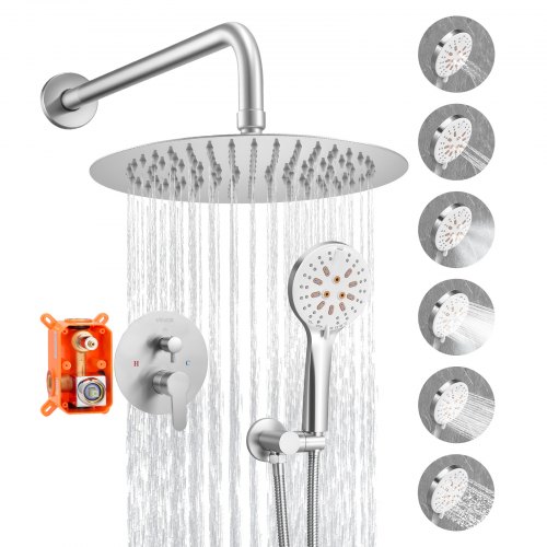 

VEVOR Ensemble de Robinetterie de Douche Encastrable, Système de Douche de Pluie avec Pommeau de Tête Rond 25,4 cm, Douchette à Main et Kit de Garniture, Fixation Murale, Salle de Bain, Nickel Brossé