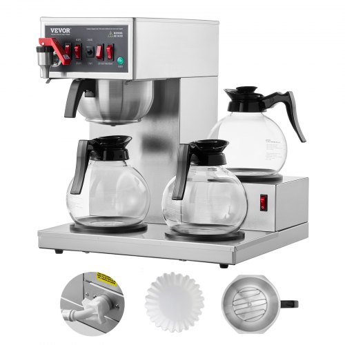 

VEVOR Cafetière Filtre Commerciale Capacité 12 Tasses, Machine à Café Filtre Électrique, avec 3 Carafes en Verre et 3 Plaques Chauffantes, en Acier Inoxydable pour Restaurant, Bureau, Café, Maison
