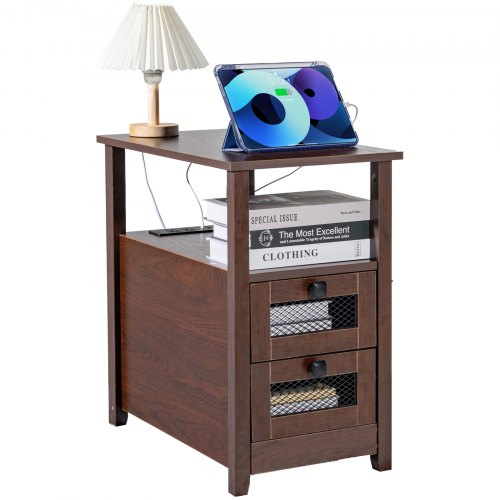 

VEVOR Table d'appoint de ferme à 4 niveaux, table de chevet étroite avec ports et prises USB, table d'appoint avec armoire de rangement et 2 tiroirs, idéal pour le salon, la chambre, le bureau, marron