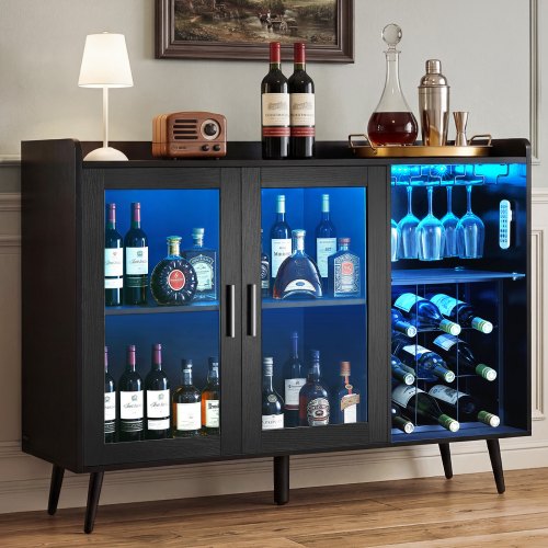 

VEVOR Meuble Bar, Buffet de Cuisine 120x40x90 cm, Rangement pour Coin Café Salon Cuisine Salle à Manger Maison, Armoire à Vin avec 9 Casiers à Bouteilles, Porte-verres et Éclairage LED Réglable, Noir