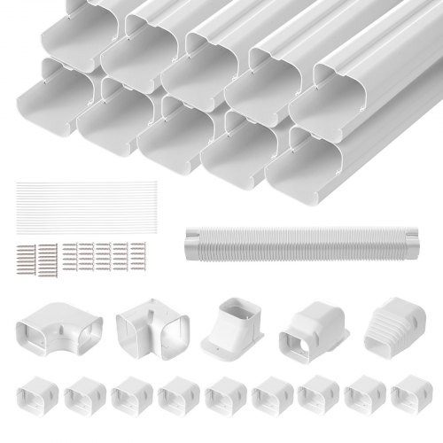 

VEVOR Couverture de mini-ligne divisée, 75 mm largeur 5400 mm longueur, couvercle de conduite décoratif en PVC pour climatiseurs avec 10 conduits droits, peut être peint pour pompes à chaleur, blanc