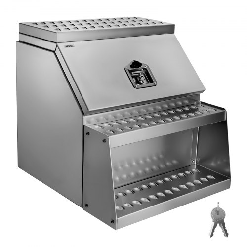 

VEVOR Coffre à outils à marchepied pour semi-remorque, 610 x 695 x 645 mm, boîte à outils robuste en aluminium, coffre de rangement latéral étanche avec poignée en T et clés, pour remorques à plateau
