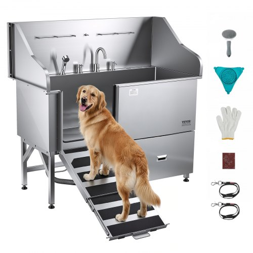 

VEVOR Station de Lavage pour Chien en Acier Inoxydable 304 154,9 cm Baignoire pour Animaux de Compagnie avec Rampe Antidérapante à Faible Pente, Tiroir de Rangement, Robinet d'Eau Chaude & Froide, Bain Tout-en-Un pour Salon de Toilettage, Convient à Toute