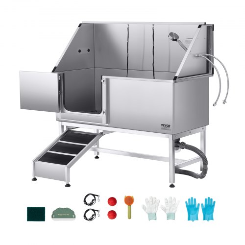 

VEVOR Baignoire de Chien Acier Inoxydable, Baignoire de Toilettage pour Animaux de Compagnie 150 cm Station de Lavage Chat, avec Rampe, Panneau Filtre à Eau, Robinet, Pommeau de Douche, Porte Gauche