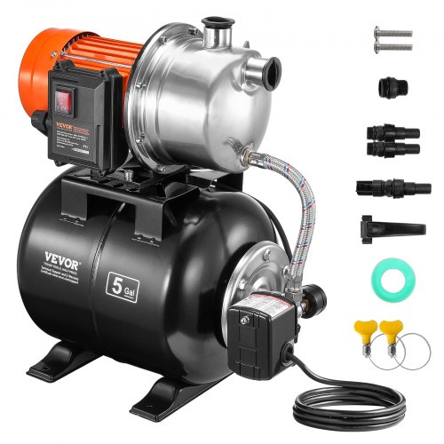 

VEVOR Groupe de Surpression, 1176 W, Pompe de Puits Peu Profonde avec Réservoir sous Pression 19 L, 5600 L/h, Tête 50 m, Aspiration 8 m, Pressostat 30/50 PSI, Tête de Pompe Inox, pour Pelouse, Jardin