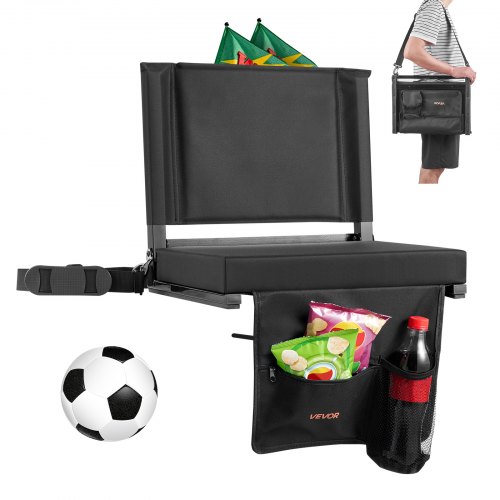 

VEVOR Siège de stade pliable, chaise de gradin avec support dorsal et coussin épais, chaise de stade rembourré avec bandoulière, crochets, porte-gobelet et poche latérale, pour événement sportif, noir