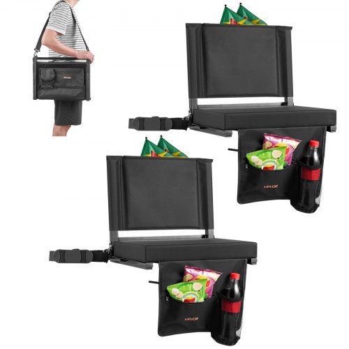 

VEVOR Siège de stade pliable, 2 pcs, chaise de gradin avec dossier et coussin épais, chaise de stade rembourré avec bandoulière, crochets, porte-gobelet et poche latérale, pour événement sportif, noir