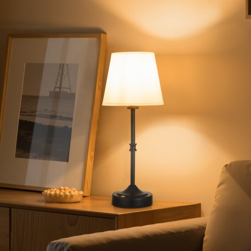 

VEVOR Lampe de table sans fil, batterie rechargeable intégrée 5200 mAh, petite lampe de bureau, abat-jour en tissu, température de couleur 2700-3000 K, 3 niveaux de luminosité, pour chambre, bar, noir