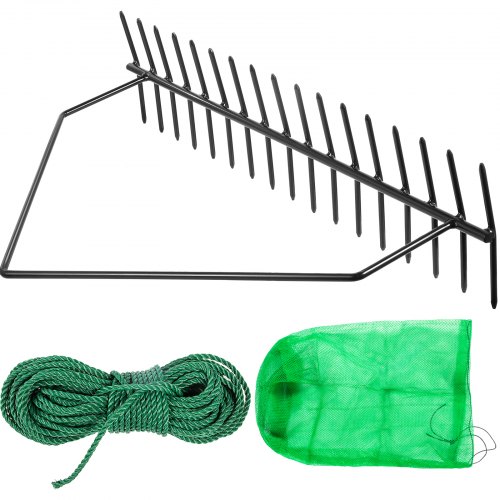 VEVOR Tête Râteau Désherbeur Double Face Ramasse Mauvaises Herbes Fer 81x20x46,7 cm Grande Tête Dents Spéciales Corde 20 m pour Désherber Algues Feuilles Mortes Étangs Lacs Piscines Lieux Aquatiques