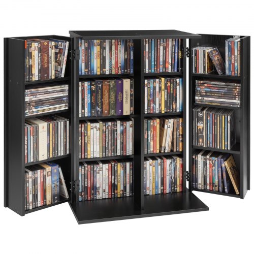 VEVOR Bibliothèque Étagère, Meuble de Rangement Multimédia à 4 Niveaux, Armoire Biblio pour CD, DVD, Livres, Jeux, avec Portes et Étagères Réglables pour Bureau, Studio, Salon, 610x368x846 mm, Noir