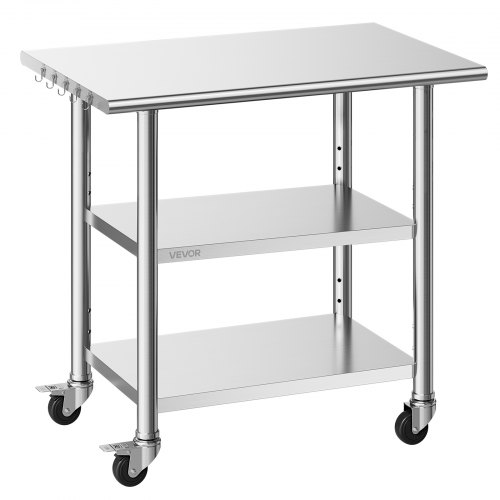 

VEVOR Table de Travail Cuisine Professionnelle, Table Centrale Inox 91,5x61 cm, pour Préparation des Aliments CHR Café Hôtel Restaurant, Poste de Travail en Acier Inoxydable 3 Niveaux sur Roulettes