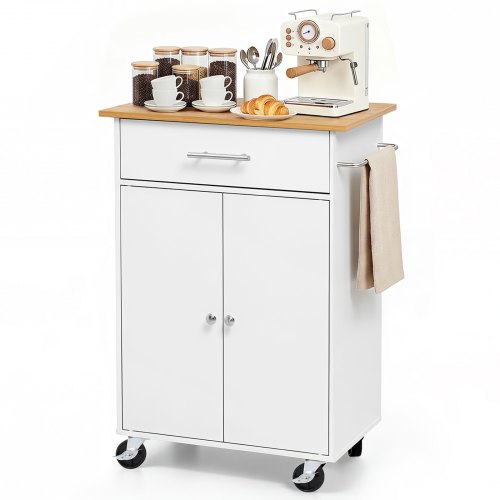 VEVOR Îlot de Cuisine Mobile Desserte sur Roulettes avec Rangement 63 cm, Pour Salle à Manger Maison, Table-îlot en MDF, Avec Tiroir, Placard, Porte-torchon et Crochets, Grand Plan de Travail, Blanc