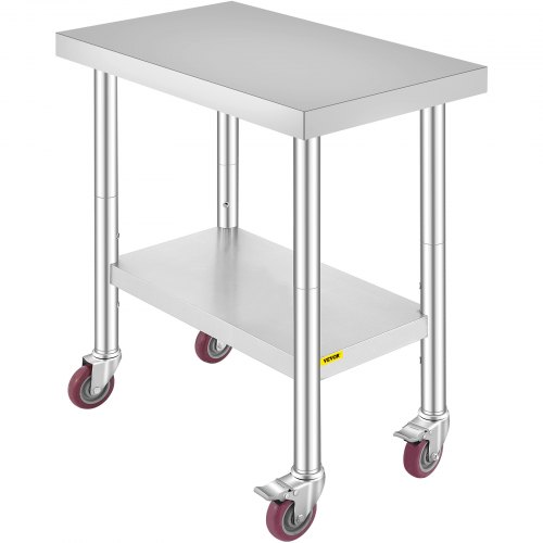Table de travail en acier inoxydable 30 '' x 18 '' x 34 '' avec 4 roues Préparation alimentaire 2 étages
