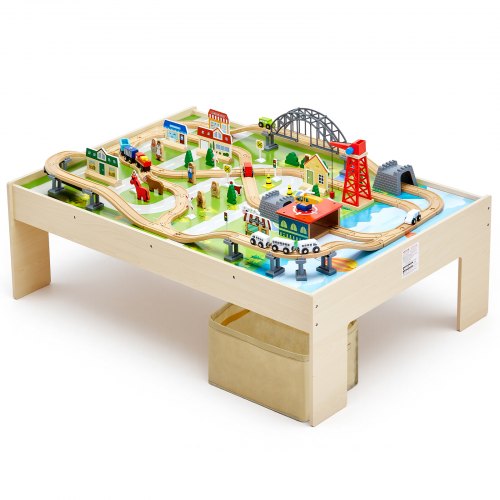 

VEVOR Table Circuit Train Bois, 120 PCS, avec Rail de Train, Bac Rangement Pliable, Table d'Activités 3 en 1 Double Face pour Jouer, Dessiner, Lire, Manger, Jouets Créatifs pour Enfants 3 Ans et Plus