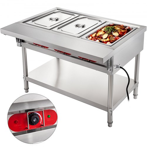 VEVOR Buffet Chauffant Électrique à 3 Bacs Chauffe-Plat Professionnel en Acier Inoxydable 1500W Table Chauffe-Plat Inox Commercial Capacité Bac à Aliment 20L 530x320x150mm 4 Couvercles pour Restaurant