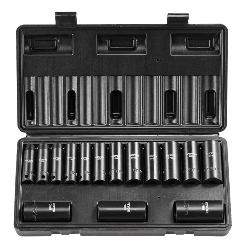

VEVOR Coffret Douilles à Chocs Profondes 3/8 po Métrique 8-22 mm, Kit pour Clé à Cliquet 15PCs, en Acier Allié Cr-Mo, 6 Pans, Marquages de Taille Faciles à Lire, pour la Réparation Automobile, Atelier