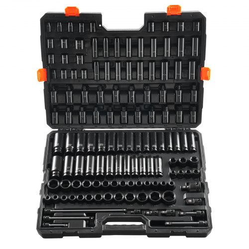

VEVOR Coffret Douilles à Chocs 3/8" et 1/2", SAE et Métrique, Kit pour Clé à Cliquet 130PCs, en Acier Allié Cr-Mo, 6 Pans, Marquages de Taille Faciles à Lire, pour la Réparation Automobile, Atelier