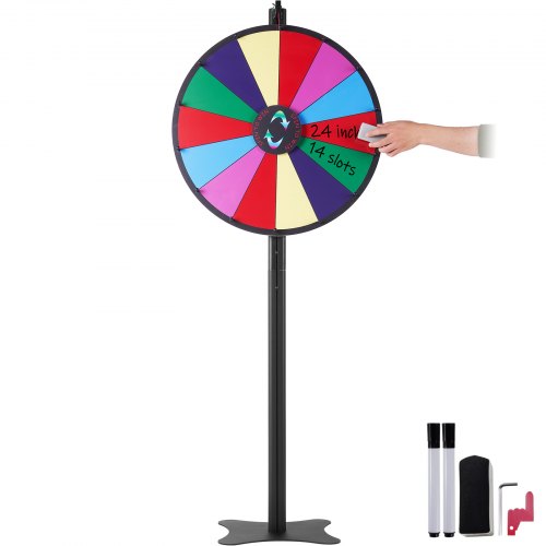

VEVOR Roue de Loterie 601 mm, Roue de Fortune Effaçable à Sec à 14 Emplacements, Roue de la Chance sur Table ou sur Pied, avec 2 Marqueurs, Rotation Douce et Équilibré Bingo Jeu, Jeu pour Fête Salon