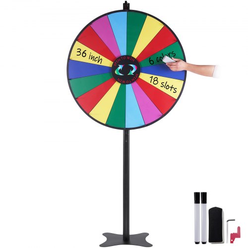 

VEVOR Roue de Loterie 910 mm, Roue de la Fortune Effaçable à Sec à 18 Emplacements, Roue de la Chance sur Table ou sur Pied, avec 2 Marqueurs, Rotation Douce et Équilibré Bingo Jeu, pour Fête Salon