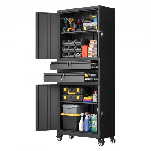 

VEVOR Armoire de Rangement en Métal avec Roulettes 76x38x190,5 cm, Charge 81,5 kg par Étagère, Armoire à Outils pour Garage, Atelier et Bureau, 4 Portes Verrouillables, Étagères Réglables, 2 Tiroirs