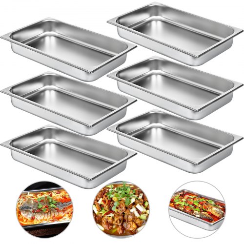 VEVOR Bac INOX Alimentaire Lot de 6 Plats à Four en Acier Inoxydable 8,5L Épaisseur 0,8mm Bac Poli Rectangulaire Effet Miroir Aliments pour Cuisine de Restaurant Gril Gâteaux