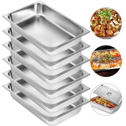 VEVOR Bac INOX Alimentaire Lot de 6 Plats à Four en Acier Inoxydable 13L Épaisseur 0,8mm Bac Poli Rectangulaire Effet Miroir Aliments Chauds et Froids pour Cuisine de Restaurant Gril Gâteaux Tartes