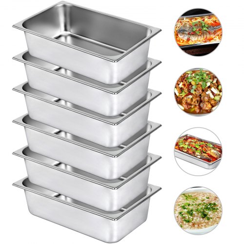 VEVOR Bac INOX Alimentaire Lot de 6 Plats à Four en Acier Inoxydable 20,5L Épaisseur 0,8mm Bac Poli Rectangulaire Effet Miroir Aliments Chauds et Froids pour Cuisine de Restaurant Gril Gâteaux Tartes