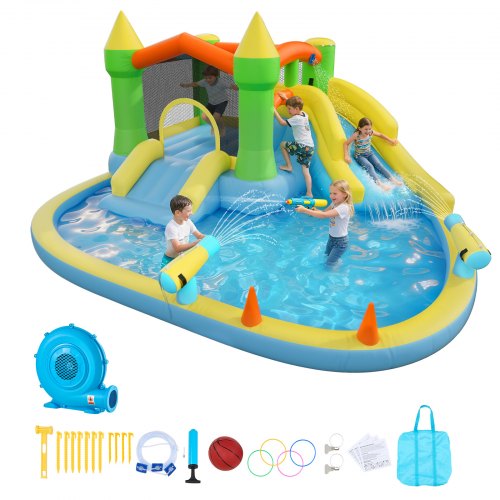 

VEVOR Château Gonflable, Aire de Jeux Gonflable avec Souffleur, Deux Toboggans Aquatiques, Piscine, Grande Zone de Saut, Panier de Basket, Canon à Eau, pour 3 à 4 Enfants de 3 à 8 Ans, 382x398x197 cm
