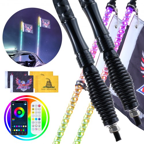 

VEVOR Lot de 2 Fouets Lumineux LED de 91 cm avec Base à Ressort, Télécommande APP et RF, Étanche à 360° en Spirale RVB avec 2 Drapeaux, Éclairage pour UTV, VTT, Motos, RZR, Camions, Tout-terrain