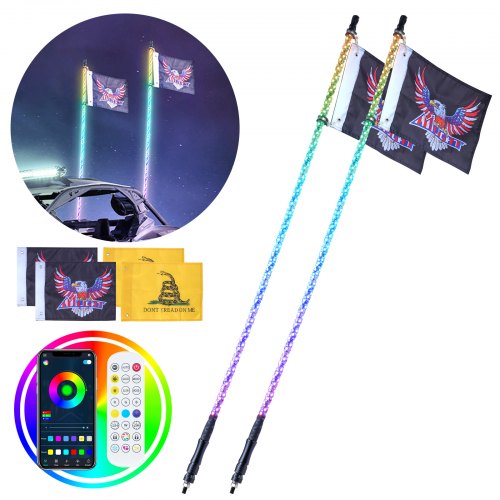 

VEVOR Lot de 2 Fouets Lumineux LED de 1,5 m avec Télécommande APP et RF, Étanche à 360° en Spirale RVB avec 4 Drapeaux, Éclairage pour UTV, VTT, Motos, RZR, Can-Am, Camions, Tout-terrain, Go- karts