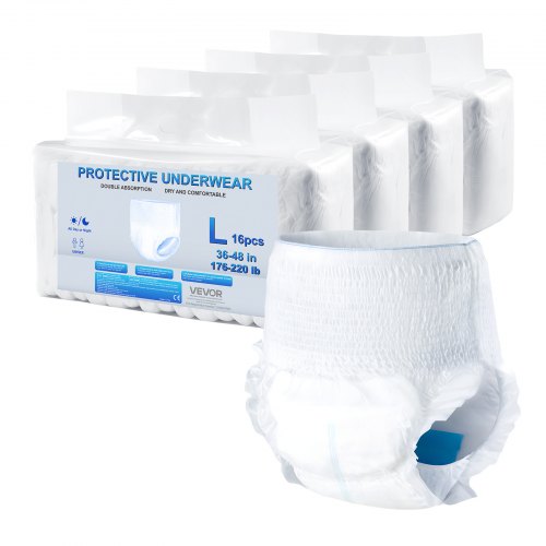 

VEVOR Couche Culotte Adulte, Taille L, Sous-vêtements de Protection d'Incontinence Jetables Hautement Absorbants Anti-fuite pour Hommes Femmes, avec Indicateur d'Humidité, 64 Pièces (4 Paquets de 16)