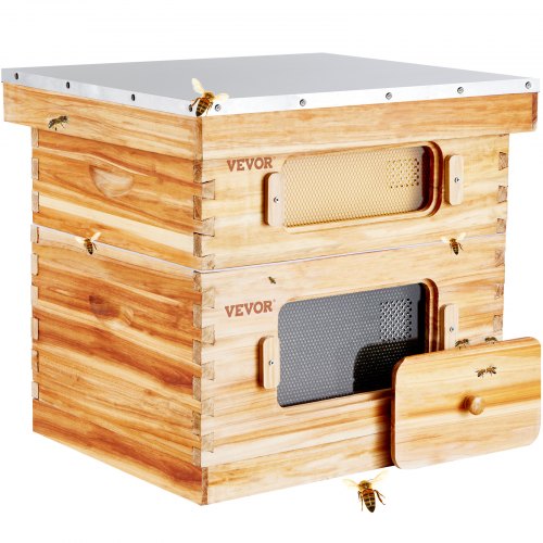 

VEVOR Ruche d'abeilles, 20 cadres, bois de sapin enduit de cire d'abeille, 1 boîte profonde 1 moyenne, kit ruche Langstroth, fenêtres acrylique transparent fondations pour apiculteurs pro débutants