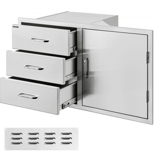 Tiroir Inox Triple avec Porte 57,5 x 97 x 53 cm Rangement Ustensile de Cuisine