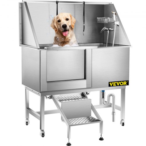 VEVOR Baignoire Toilettage Chien 64x125x151cm Animaux Compagnie Capacité 100kg Cuve Lavage en Acier Inoxydable Grand Bain Douche avec Robinet et Accessoires pour Maison Hôpital Salon de Beauté