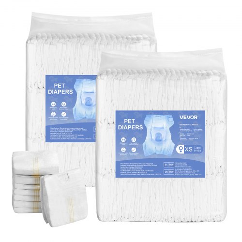 

VEVOR Couches Jetables pour Chiens Femelles, 144 PCS, Couches pour Chiennes Super Absorbantes Anti-fuites Taille XS, Indicateur Humidité, pour Chaleur, Règles, Entraînement, Incontinence, 2 Lots de 72