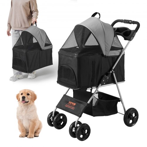 

VEVOR Poussette pour Chien Animaux de Compagnie 4 Roues Pivotantes et 1 Frein Capacité de Charge 16 kg Poussette de Chat Support Amovible Panier de Rangement Porte-gobelet pour Chien, Noir Gris Foncé