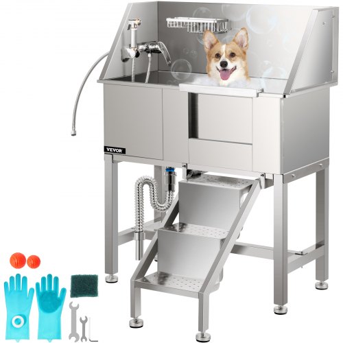 VEVOR Baignoire Toilettage Chien 90,7 kg Acier Inoxydable Station Lavage Animaux Compagnie 86,4 cm B