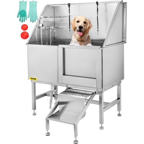 VEVOR Baignoire Toilettage Chien 64x125x151 cm Cuve Lavage Acier Inoxydable Porte Amovible à Droite