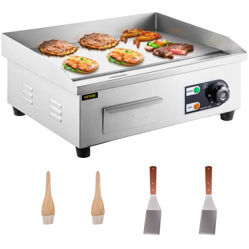 VEVOR Plancha Professionnelle Électrique 455 x 400 x 210 mm Plancha de Cuisson 2500 W Plaque Chauffante Acier Inoxydable avec Brosse à Huile et Pelle Domestique Commerciale pour Cuire les Alimentaires