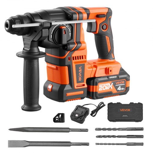 

VEVOR Perceuse à Percussion sans Fil Capacité 20 mm, Perforateur avec Forets SDS-Plus, pour Béton Maçonnerie, sans Balais, avec Batterie 20 V, Chargeur, 3 Forets, Burin Plat, Burin Pointu et Coffret