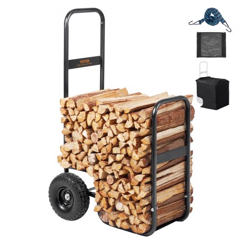 VEVOR Chariot Transport Bois de Chauffage Charge 113,4 kg Chariot de Bûches de Bois Acier 67x52x110
