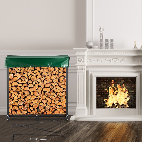 VEVOR Range-bûches Range Bûche Acier Abris Bois Chauffage Porte-Bûches avec Couverture PVC pour Rangement Bûches Jardin Cheminée Intérieur & Extérieur Noir (183,5 x 36,2 x 122 cm)