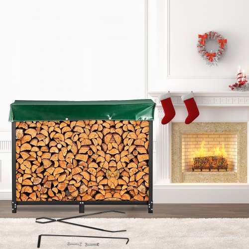VEVOR Range-bûches Range Bûche Acier Abris Bois Chauffage Porte-Bûches avec Couverture PVC pour Rangement Bûches Jardin Cheminée Intérieur & Extérieur Noir (244,5 x 36,2 x 122 cm)