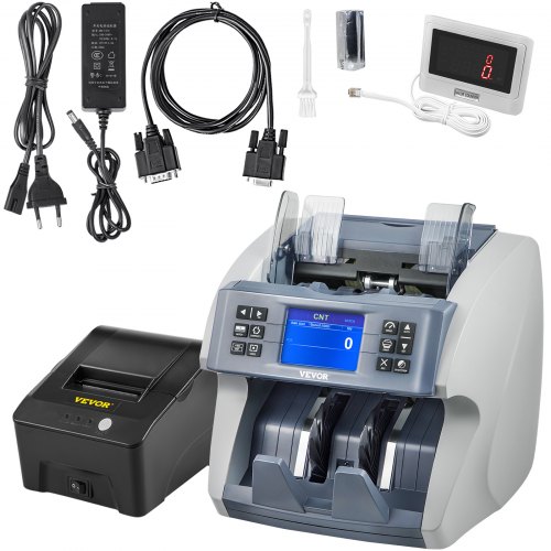 VEVOR Compteuse de Billets Multidevises UV MG MT IR Machine à Compter Billets Vitesse > 800 PCS/Min Compteuse et Détecteur de Faux Billets Écran Imprimante Détection Contrefaçon Banque Station-Service