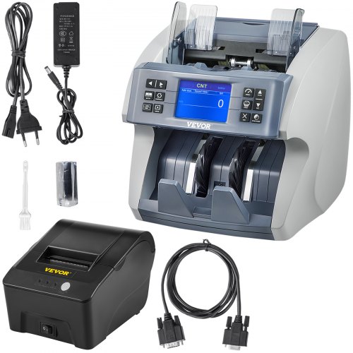 VEVOR Compteuse de Billets Multidevises UV MG MT IR Machine à Compter Billets Vitesse > 800 PCS/Min Compteuse et Détecteur de Faux Billets avec Imprimante Détection Contrefaçon Banque Station-Service