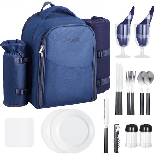 

VEVOR Sac à Dos Isotherme pour 2 Personnes, Sac à Dos de Pique-nique avec Compartiment Isotherme, Porte-bouteille Amovible, Couverture Légère, Kit Assiettes et Couverts, Randonnée Camping, Bleu Marine
