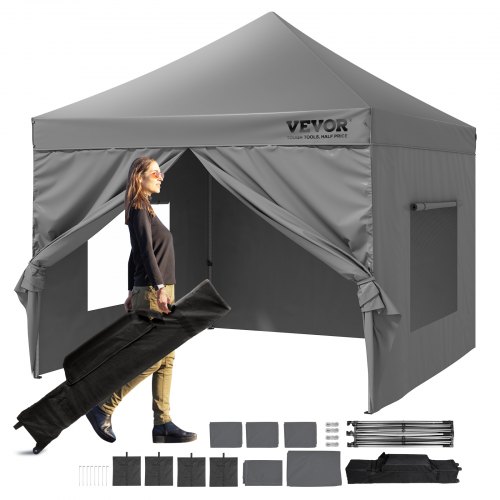 

VEVOR Tonnelle Pop-up 304,8x304,8 cm Tente Tonnelle Jardin Parois Latérales Amovibles Sac à Roulettes Résistant UV Imperméable Tente Gazebo pour Plein Air, Terrasse, Jardin, Fête, Camping, Gris Foncé